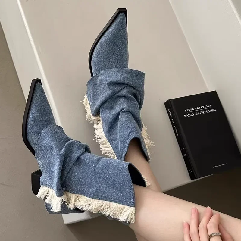 Pleated Denim Cowgirl Boots for Women 2023 Autumn Pointed Toe High Heeled Ankle Boots Woman Tassel Blue Jeans Cowboy Booties