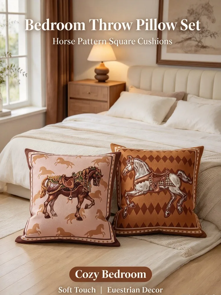 VIKAMA Equestrian Pillow Set, Horse Pattern Square Cushions, Luxury Decorative Throw Pillows for Sofa Bedroom Window Seat Patio