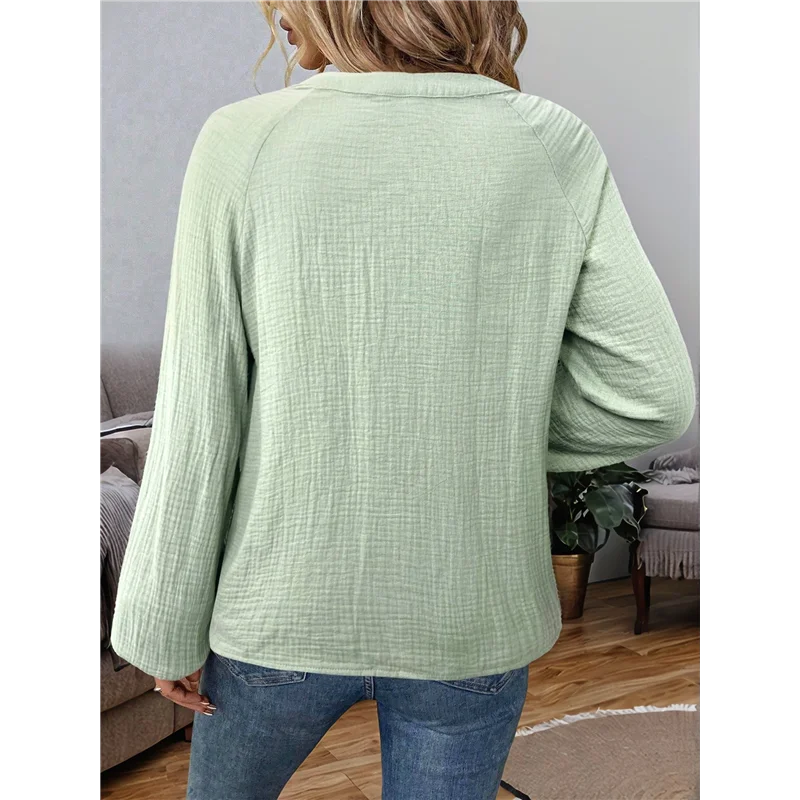 ASDS-Dames Boho Tops Lange mouw V-hals Borduurblouse Linnen overhemd