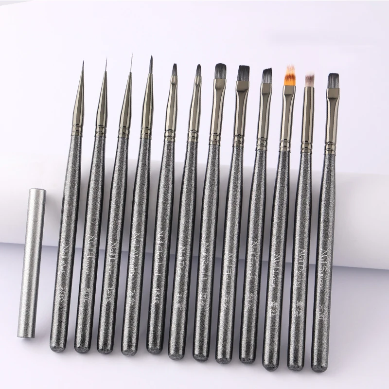 Sweet-Z New 1/12Pcs Nail Art Brush Grey Painted Wooden Handle Liner Details Flower Brush Edge Uv Gel Nail Art Tools Wholesale