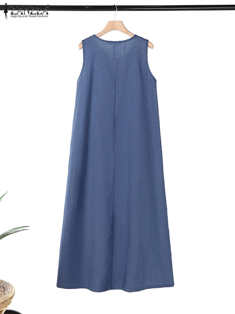 ZANZEA-Robe Hijab Abaya Musulmane pour Femme, Salopette Vintage en Denim, Couleur Unie, Bleu, à la Mode, Éducative, Été 2025