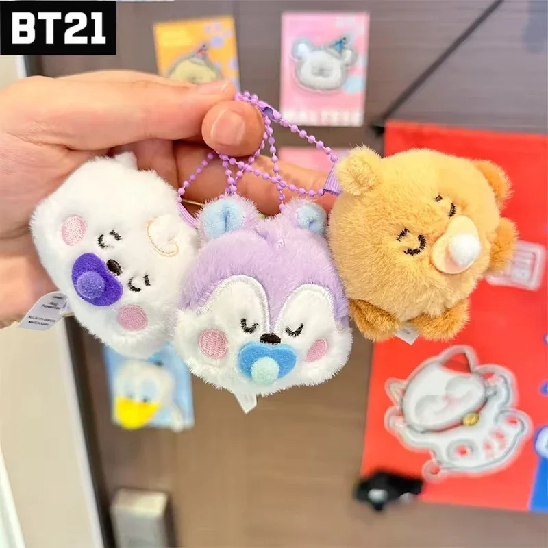 Bt21 Kawaii Popular 8cm Anime Cooky Koya RJ Mini Llavero de Peluche Colgante Muñeco de Peluche con Chupete para Bebé Adorno para Bolso Regalo para Niña