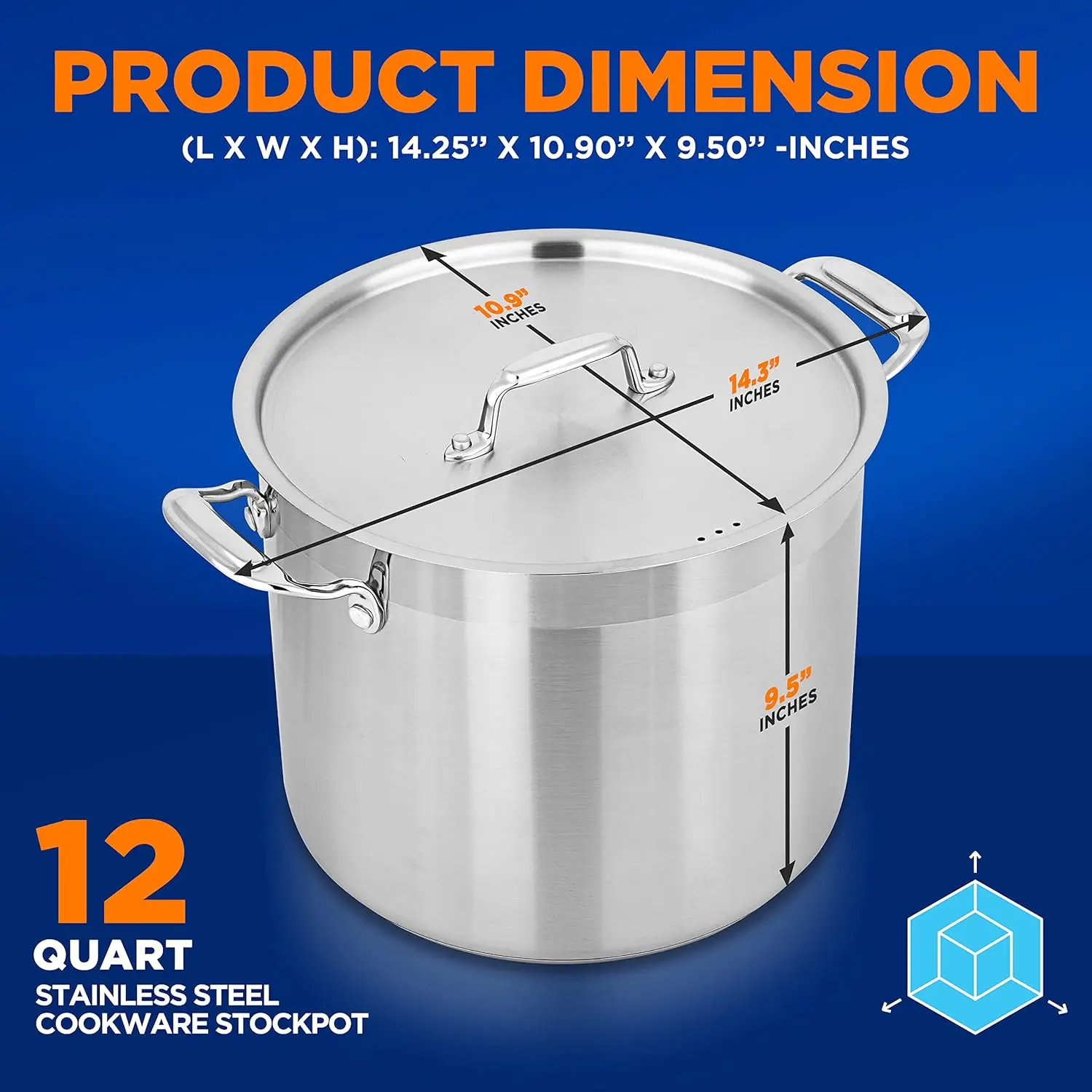 12-Quart Stainless Steel Stockpot - 18/8 Food Grade Heavy Duty Large Stock Pot for Stew, Simmering, Soup, Includes Lid