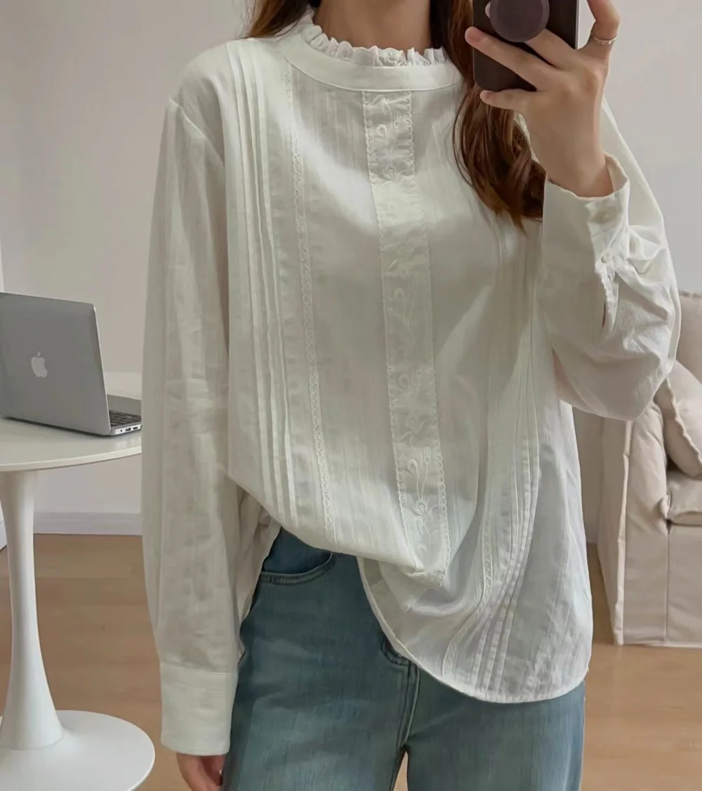 New Spring Cotton Solid Shirt Women Stand Lace Tops Girl Long Sleeve Loose OL Literary Simplicity Blouse 2024 Autumn T435151QC