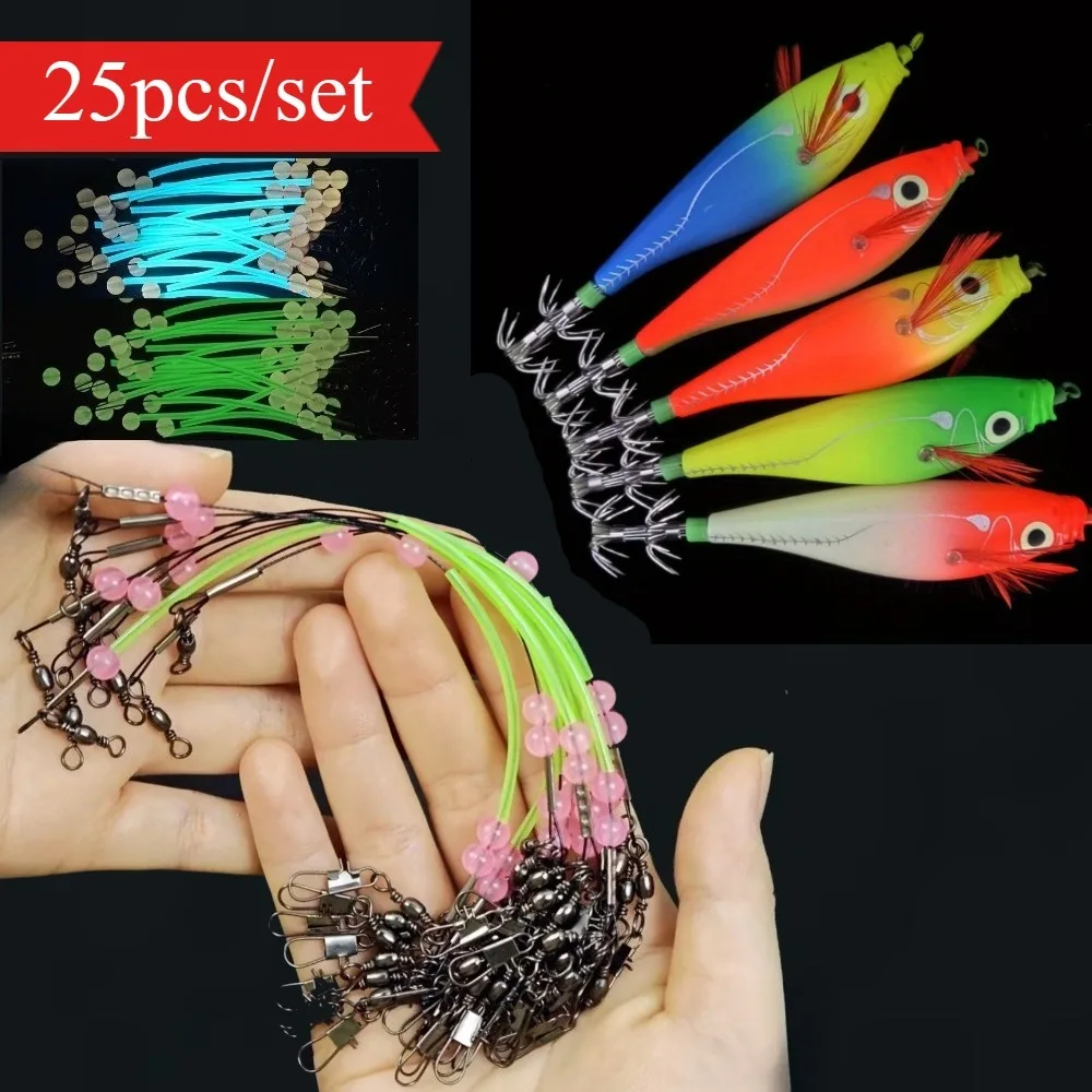 25 Stück/Set Garnelen-Angelköder Leuchtende Tintenfisch-Jigs mit Angelschnur