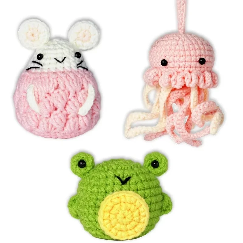 3 Pcs Crochet Animal Set DIY Yarn Knitting Pink Jellyfish Hamster and Green Frog Weaving Plush Doll Easy Starter Making Kit