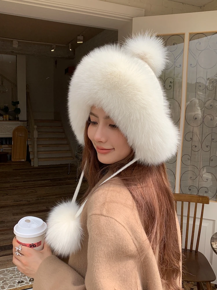 

Fashion Windproof Warm Stylish Fluffy Earflap Hood Cap Outdoor Ski Furry Ushanka Luxurious Faux Fur Pom Pom Winter Hat for Women