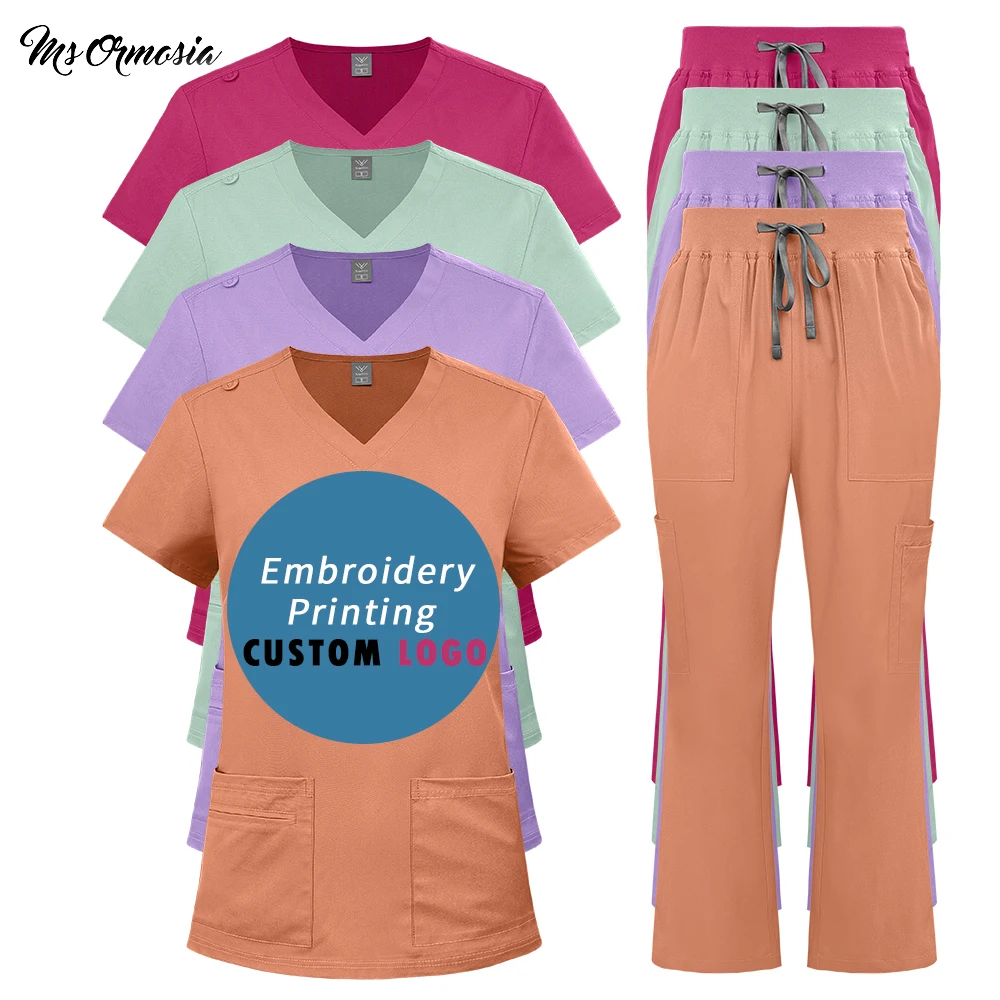 roupas-de-trabalho-personalizadas-com-logo-para-enfermeiras-uniformes-medicos-femininos-camisas-de-manga-curta-calcas-micro-pull-conjunto-cirurgico-diy-novo