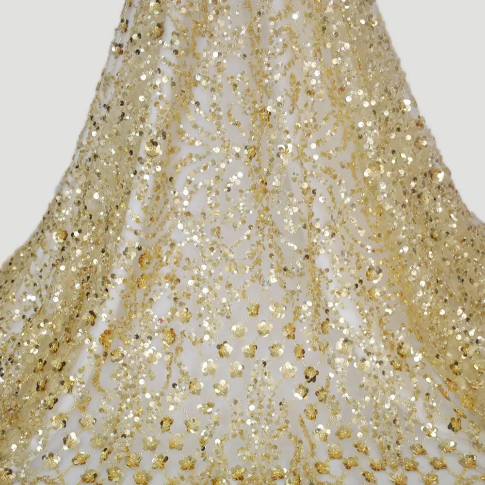 

1 Yard New mesh with pearl rhinestone high-end French gold lace fabric wedding dress material HY1689