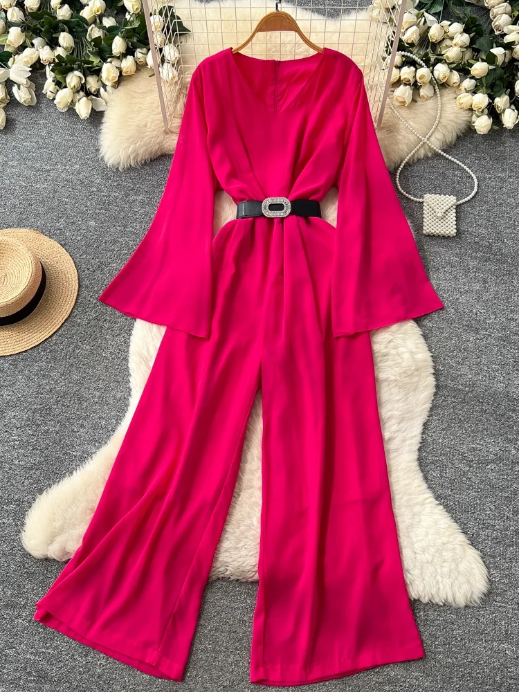 Elegant High Waist Slimming One-Piece Pants V-Neck Long Sleeve Women's Spring Commute Straight Leg Pants Fashionable
