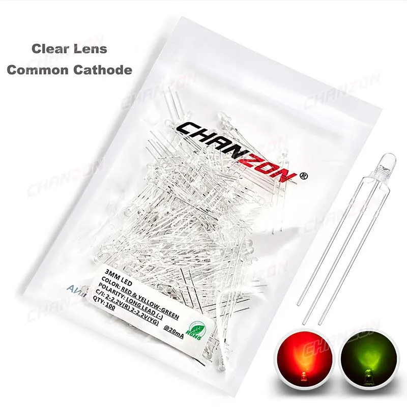 100pcs 3mm Bicolor Red Yellow-Green LED Diode DIP Light Emitting Lamp Bulb Common Anode Cathode Clear Diffused Lens Electronic