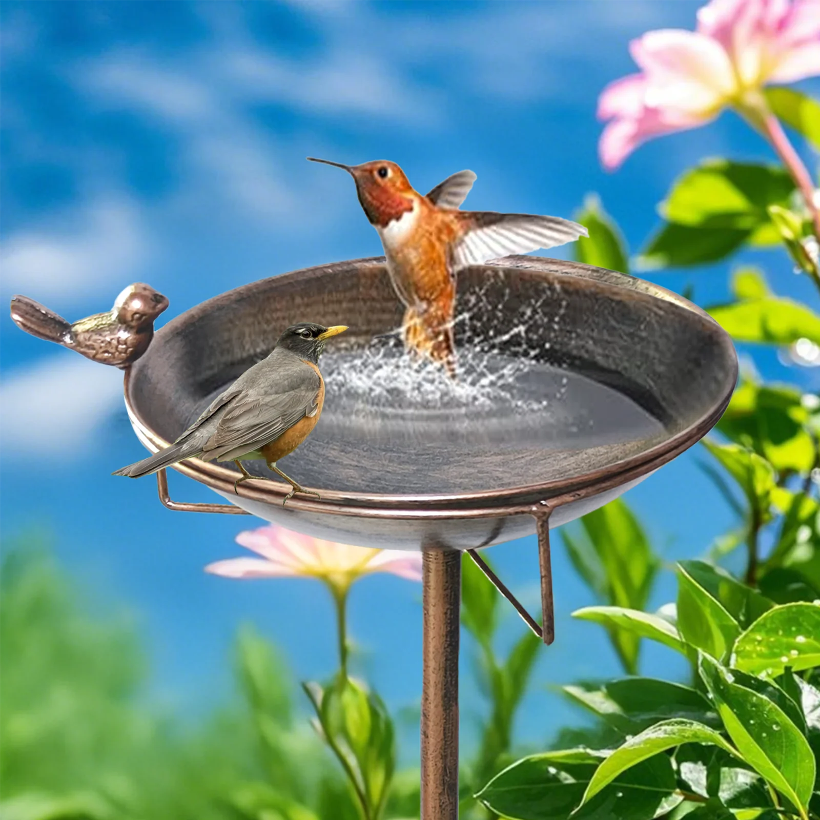 Metal Bird Bath Outdoor Vintage Iron Bowl Birdfeeder Yard Stake Decor Birdbaths Birdfeeder