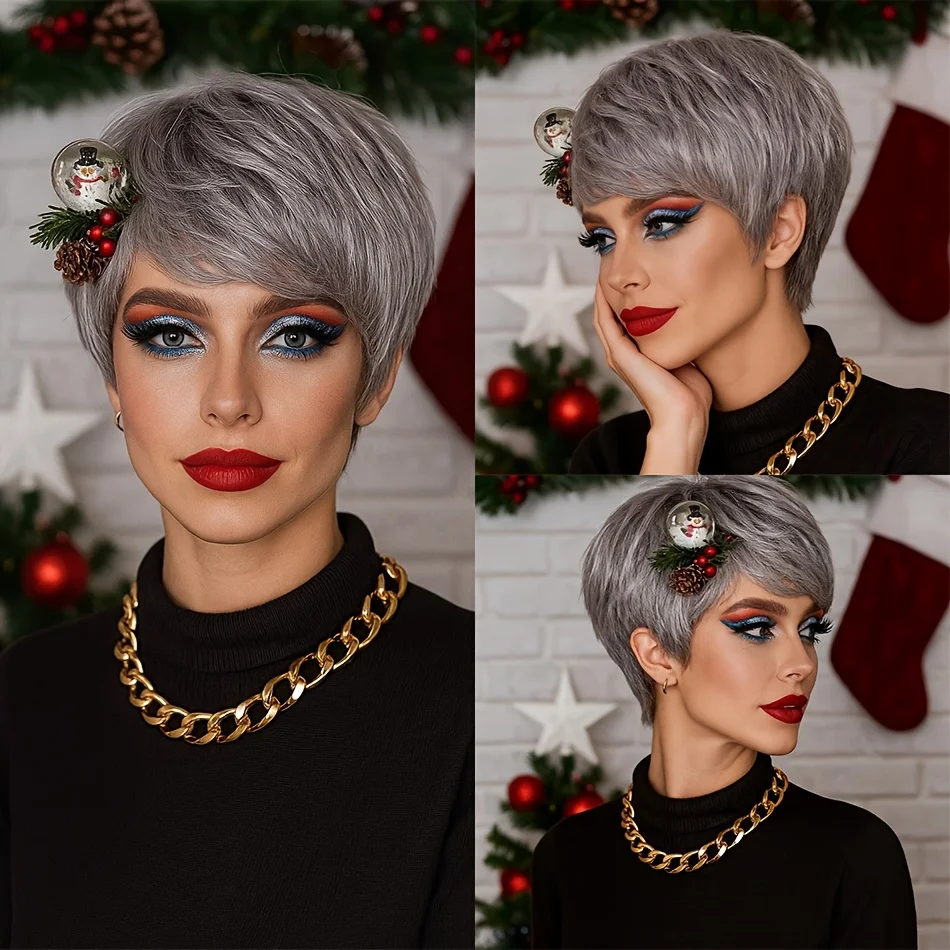 

Парик из натуральных волос Серебристо-серый парик с стрижкой пикси Парик машинного производства Удобный базовый стиль Парик с бахромой Стильная прическа Рождество