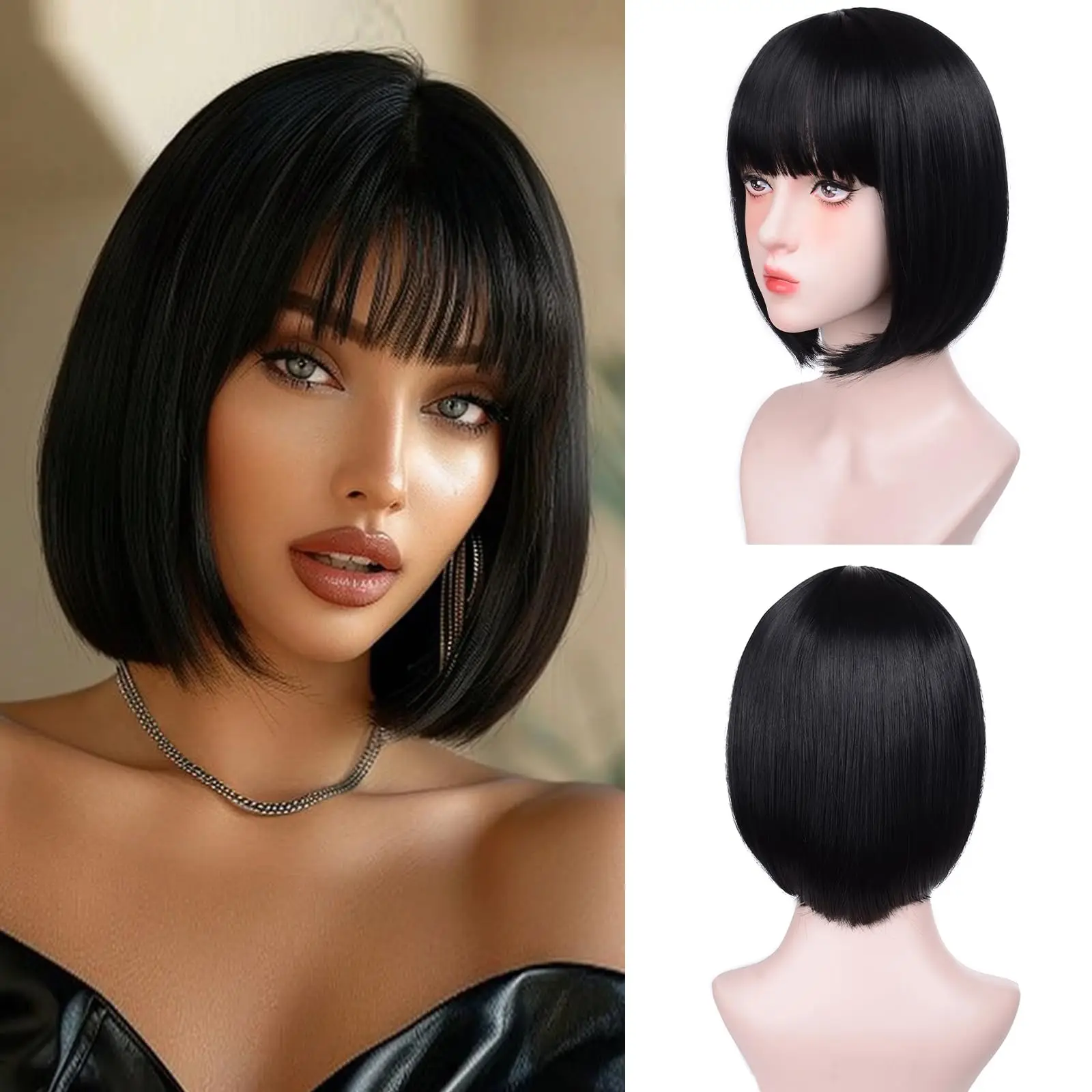 

Черный синтетический парик с прямыми волосами и челкой, модный парик Боб, ежедневная ролевая игра на Хэллоуин, высокотемпературный шелковый парик