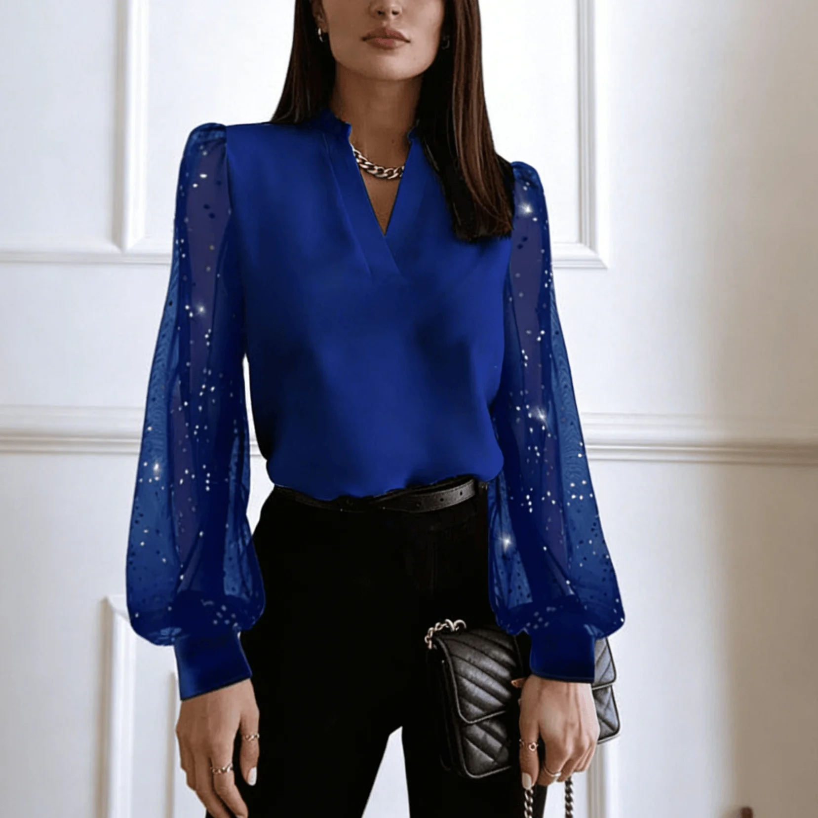 Lente Zomer Dames Blauwe V-hals Blouse Mesh Splitsen Glitter Pofmouwen Chiffon Shirt Lichtgewicht Casual Kantoor Dagelijks Top
