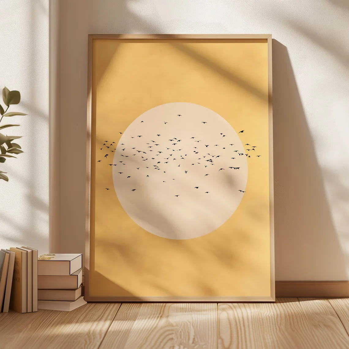 Yellow Sun Japandi Art Print, Flying Birds Wall Art, Abstract Art, Living Room Decor, Large, Japanese Wall Art, Flock, Bedroo