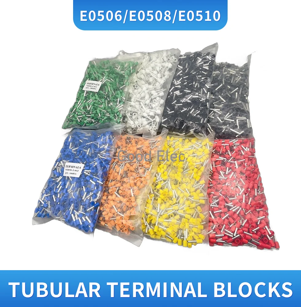 1000pcs E0506 E0508 E0510 E0512 Insulated Ferrules Terminal Block Cord End Wire Connector Electrical Crimp Terminator