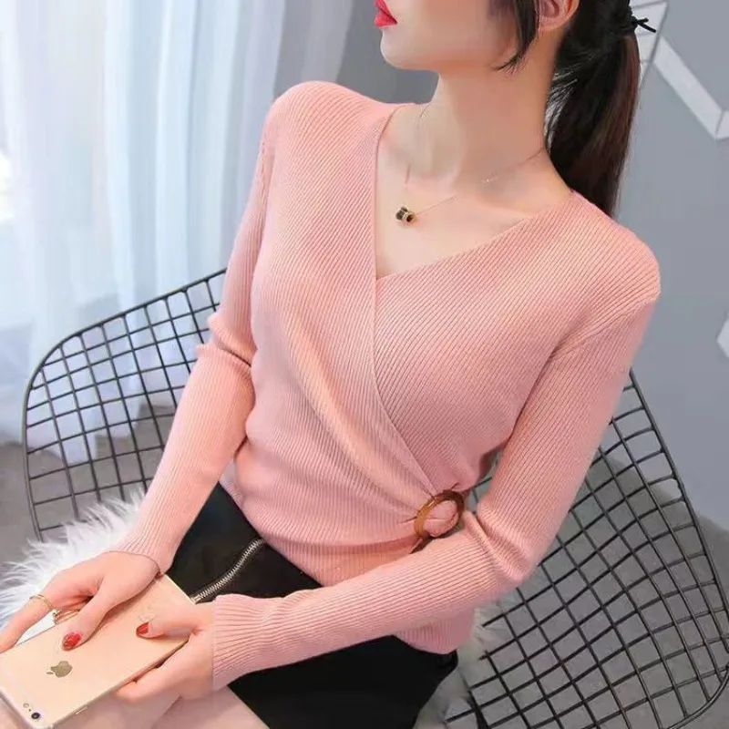 Women\'s Autumn Fashion Simplicity Solid Color V-neck Long Sleeve Sweater Women Clothes Office Lady All-match Temperament Tops