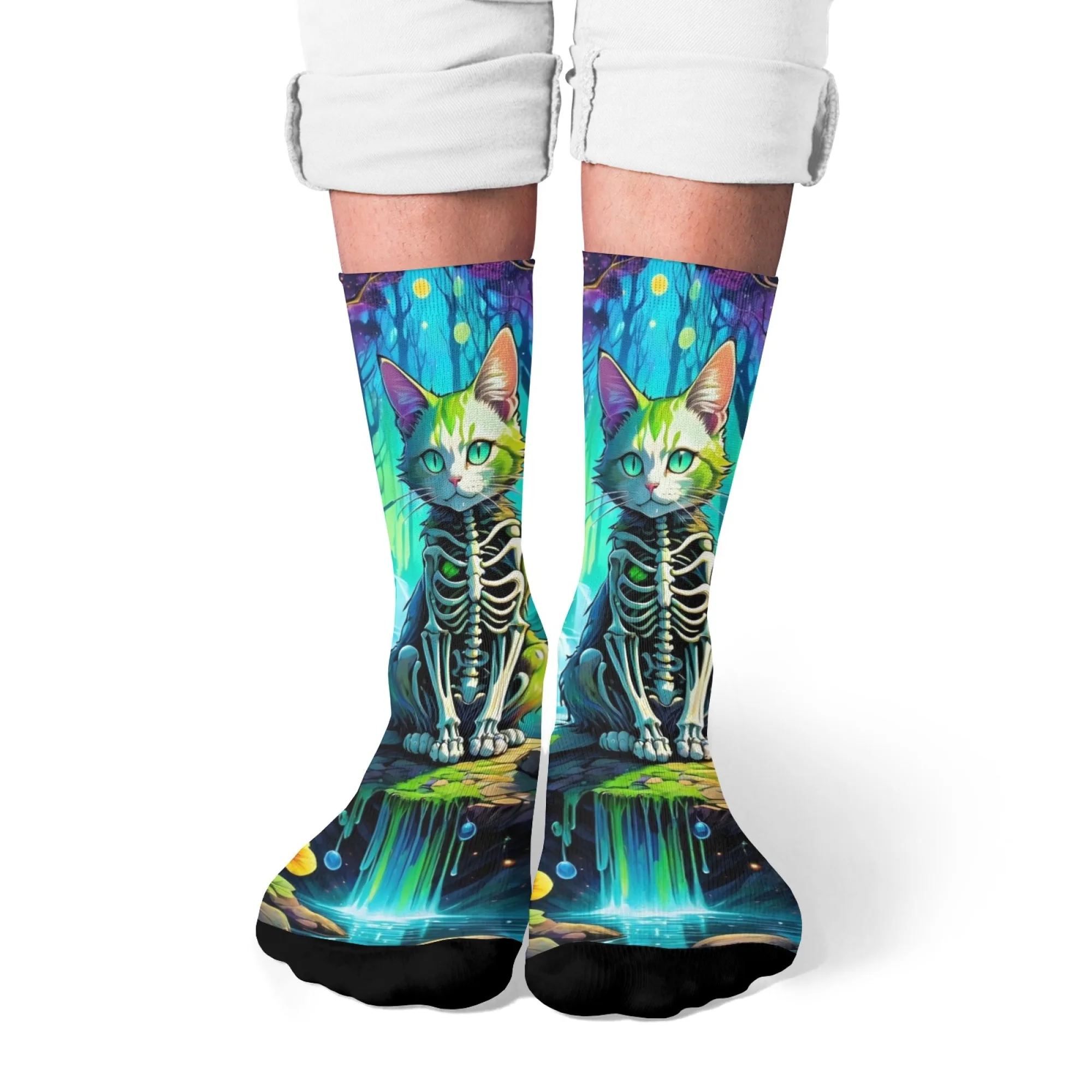

Fantasy-style Cat Pattern Crew Socks with Skeletal Structure & Dreamy Forest Background for Mythology Fans & Cosplay Events