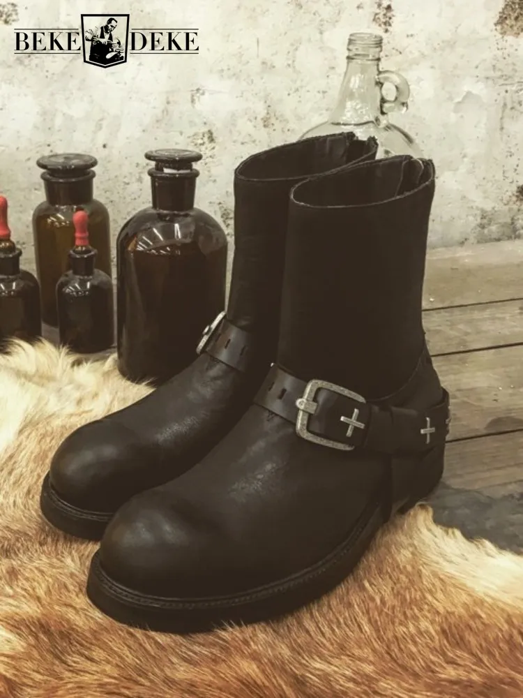 Punk Style Horsehide Round Toe Solid Color Zipper Ankle Boots Genuine Leather Buckle Platform Male Height Increase Footwear
