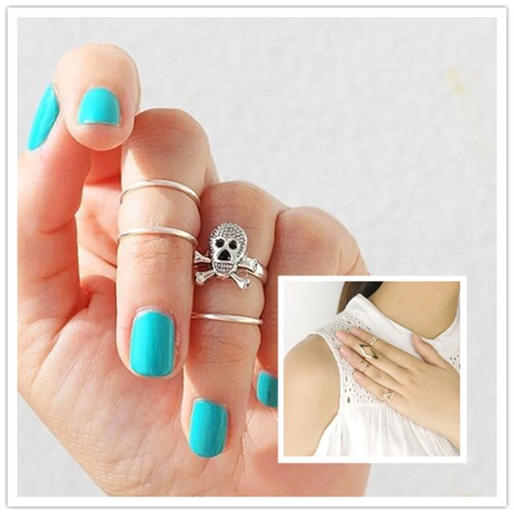 Fashion High Quality Low Price 1Set Gothic Crystal Geometry Skull Knuckle Midi Mid Finger Tip St