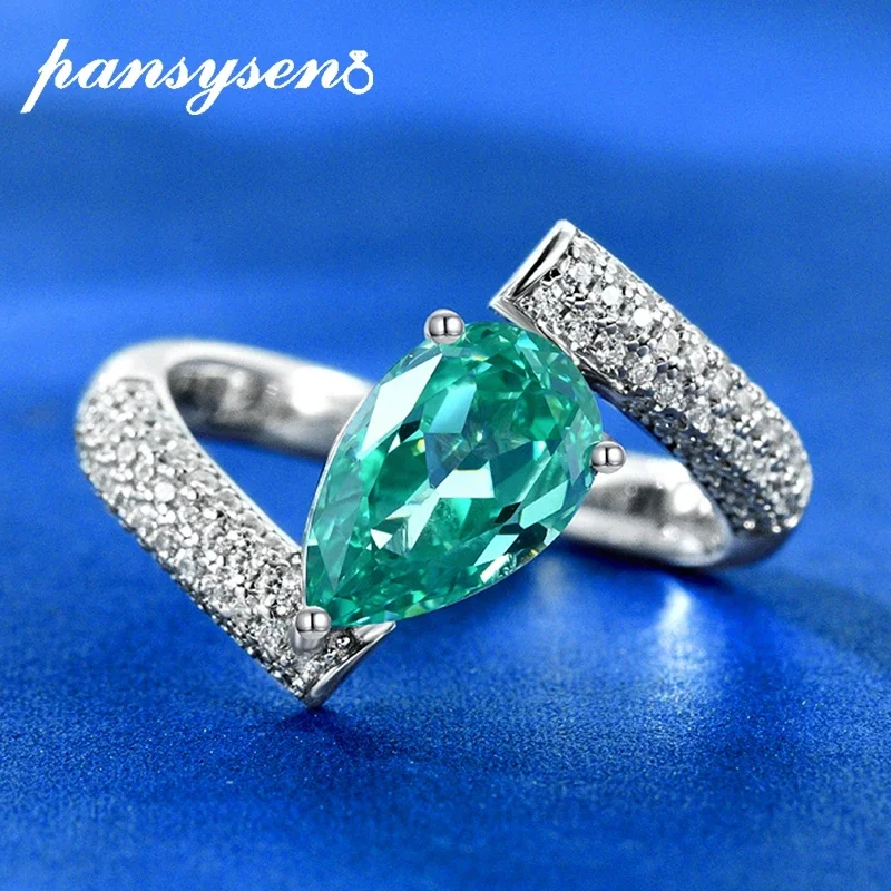 

PANSYSEN Trendy 100% 925 Sterling Silver 1.5CT Pear Cut Paraiba Tourmaline High Carbon Diamond Ring Cocktail Party Fine Jewelry