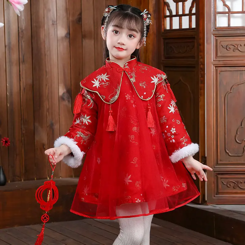 

Autunm Winter Girls Perform New Year Dress Kids Cotton Qipao Tang Suit Children Chinese Lovely Cotton-padded Clothes Cheongsam