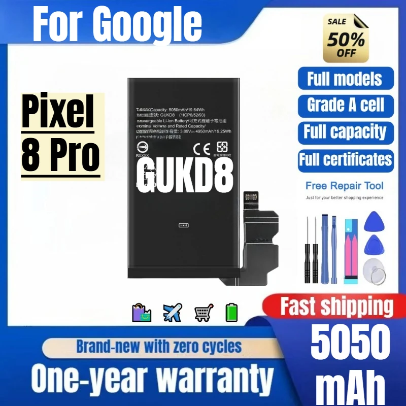 GUKD8 for Google Pixel 8 Pro Phone Battery 0Cycle High Quality High Capacity Battery Replacement Bateria Grade A Cell with Tools