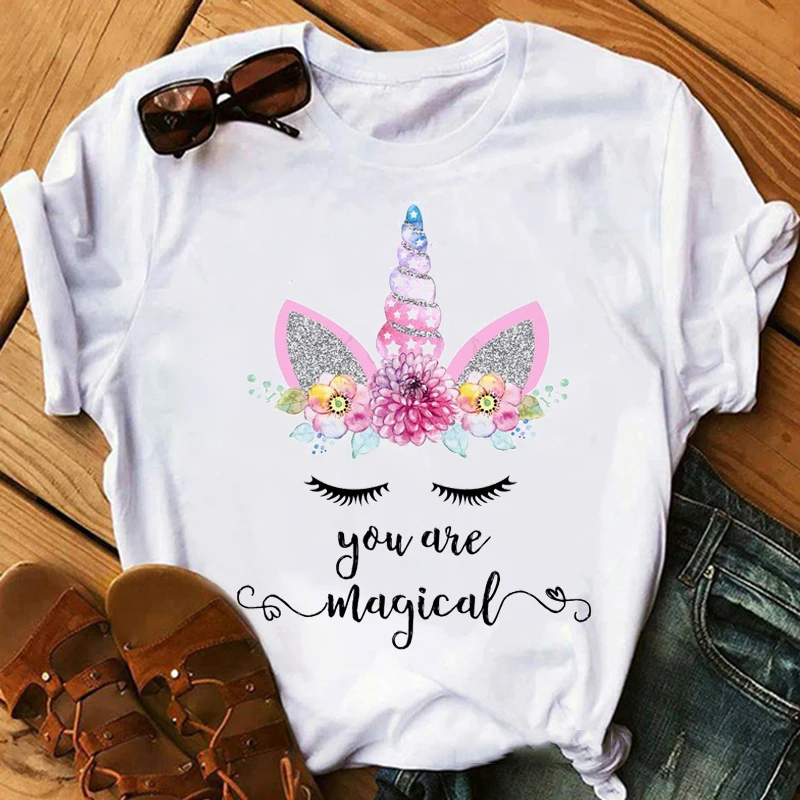 You Are Magic Letter Print T-Shirt Women Kawaii Unicorn Girl Graphic T Shirt Femme Flowers Tshirt Female Harajuku Shirt Tops