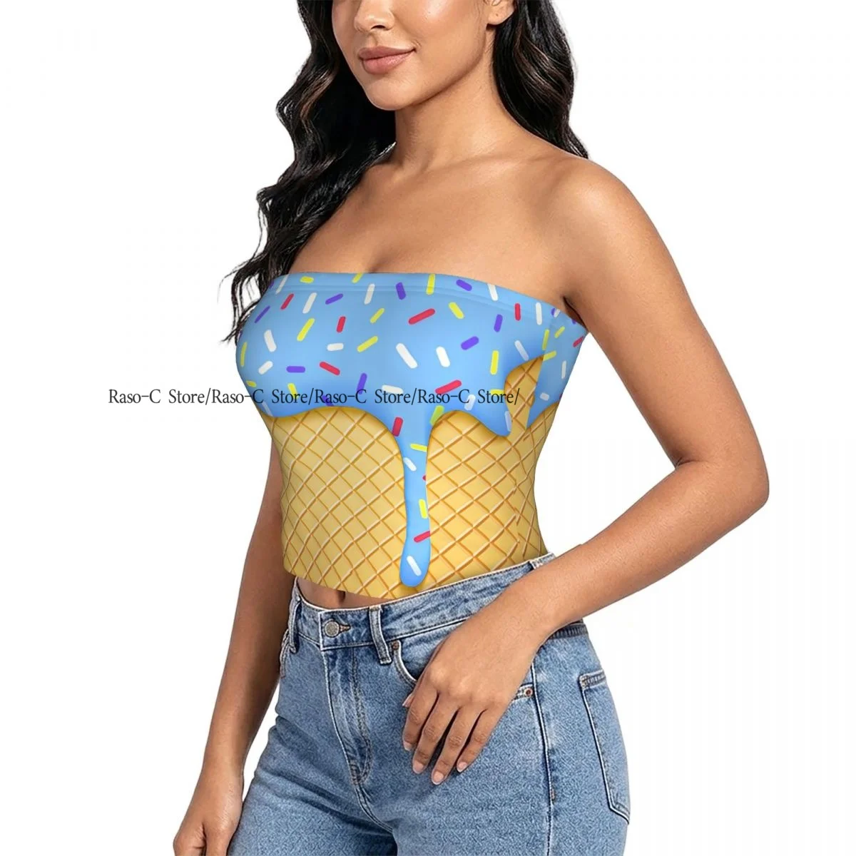Women Block Crop Slim Tube Top Ice Cream Cone Illustration Glaze Colorful Background Strapless Top For Summer Female Clothing
