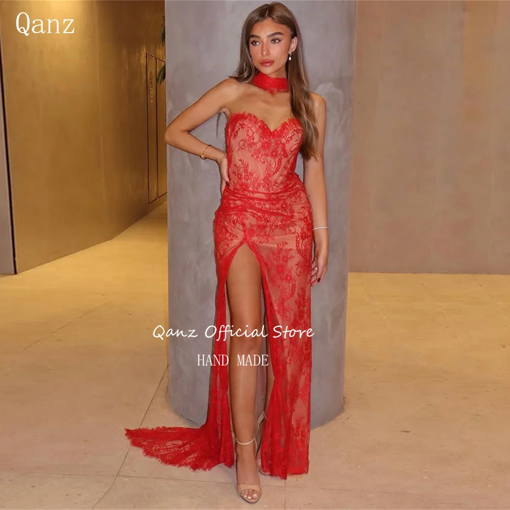 

Qanz Elegant Red Lace Appliques Evening Dresses High Slit Mermaid Sweetheart Party Gown Women Vestido De Noche Customized