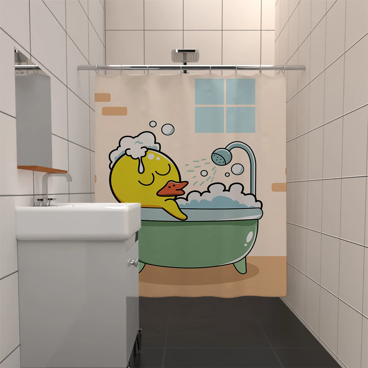 1PC, 180x180cm bathroom polyester shower curtain, mold resistant, waterproof, perforated with hooks, cartoon yellow duck