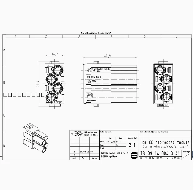 1pcs 09140043141 4-core module heavy-duty connector Harting plug 40A high current