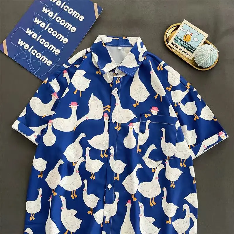 Cartoon Goose Full Print Harajuku Blouse Vintage Womens Shirt Korean Women Tops 2022 Kawaii Blusas Summer Casual Button Up Shirt