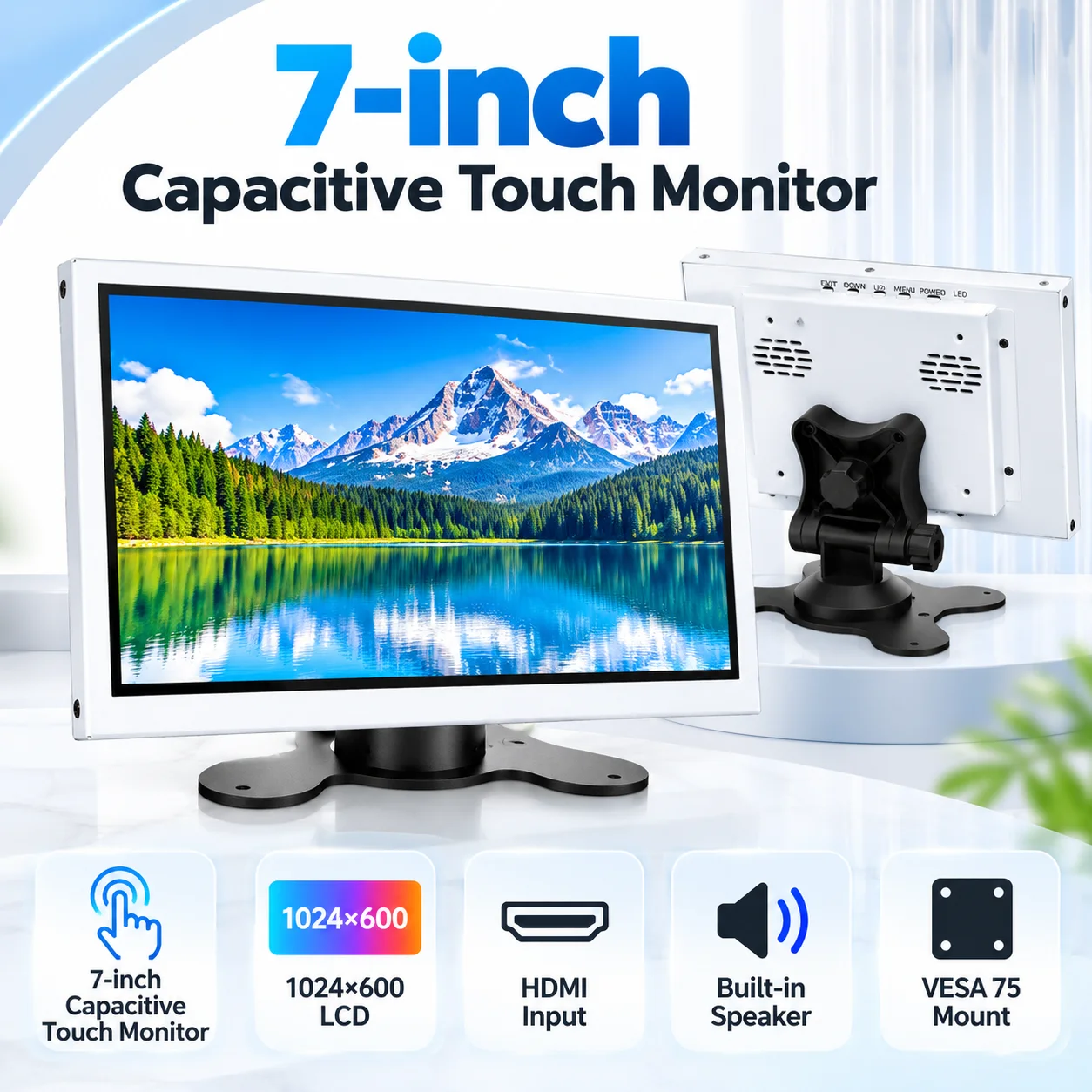 Lesown 7 Inch White LCD Screen IPS 1024x600 HDTV Port 60Hz 16:9 800:1 Contrast Stand VESA 75 for DIY Projects 166x102mm Size
