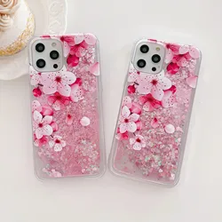 Peach Blossom Petals Quicksand Case for iphone 16 15 14 13 Pro Max 15 Plus Soft Protective Women Glitter Liquid Cell Phone Cover