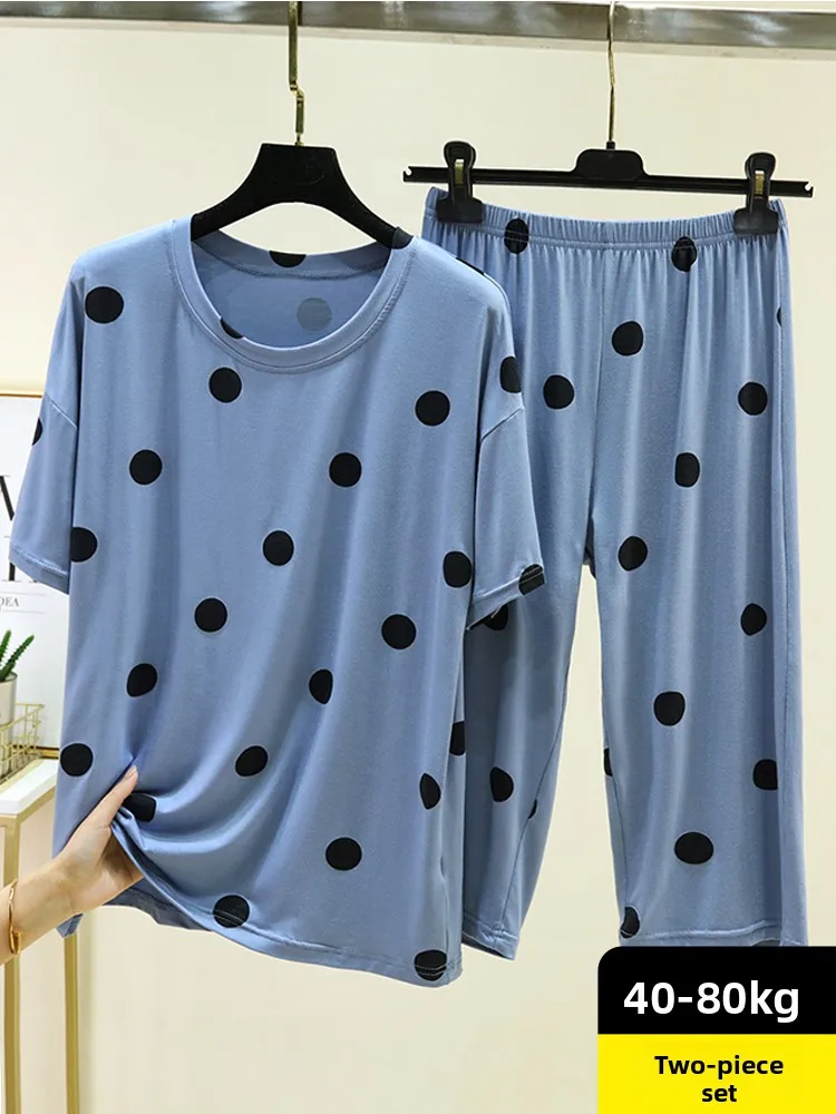 Modal Sleepwear Set Women Summer Thin T-Shirt Seven-Piece Pants plus Size Casual Top Short Sleeve Home Two-Piece Set 4