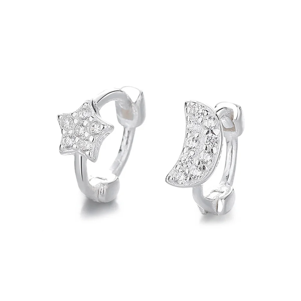 

S925 Sterling Silver Women's Mini Asymmetric Star & Moon Cartilage Hoops Simple Fashion Jewelry