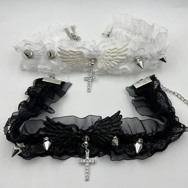 Black White Lace Wing Necklace Vintage Ribbon Bow Gothic Heart Pendant Collar for Women Girls Sweet Lolita Jewelry New Choker
