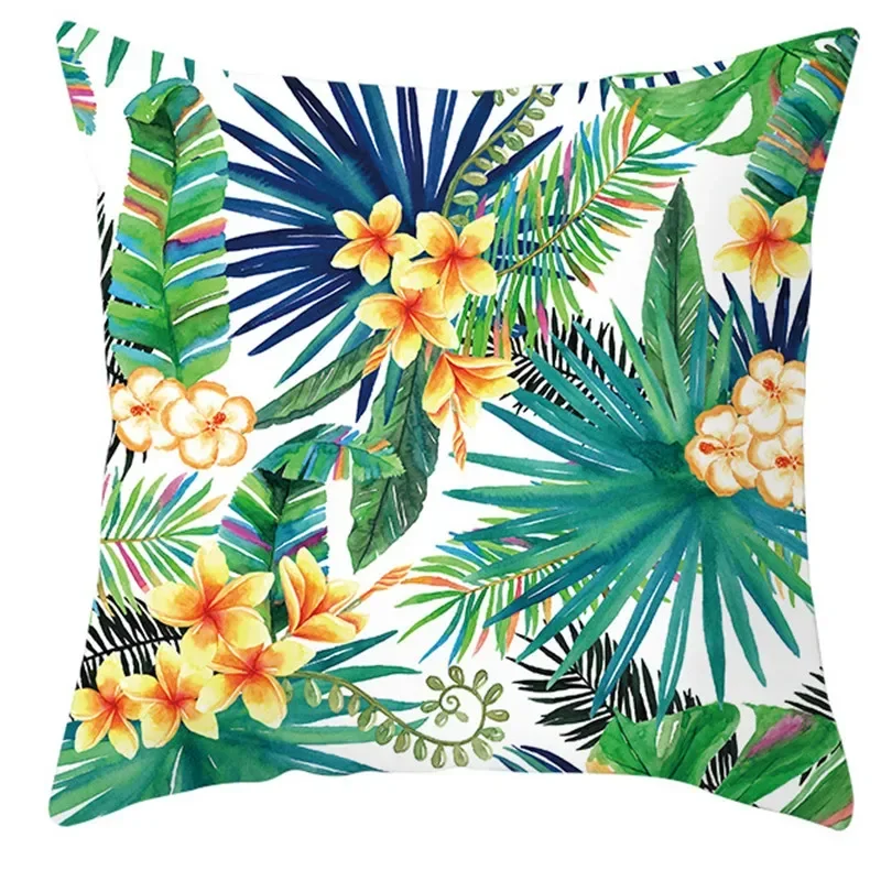 Taie d'Oreiller Décorative Moderne avec Plantes Tropicales, Juste de Coussin avec Fleurs, Feuilles Vertes d'Été, 45x45cm