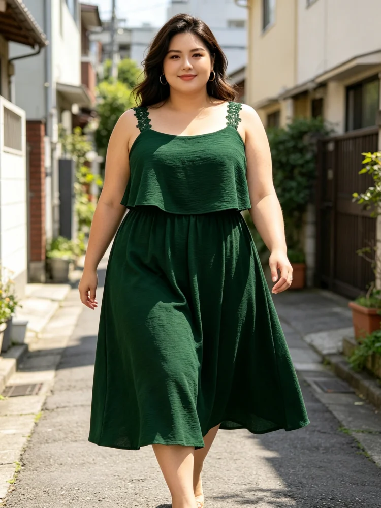 Plus-Size-Midikleid für Damen, Spitze, Spaghettiträger, einfarbig, elastische Taille, A-Linie, locker geschnitten, für den täglichen Gebrauch im Sommer, Urlaub und Strand. – Detail 1