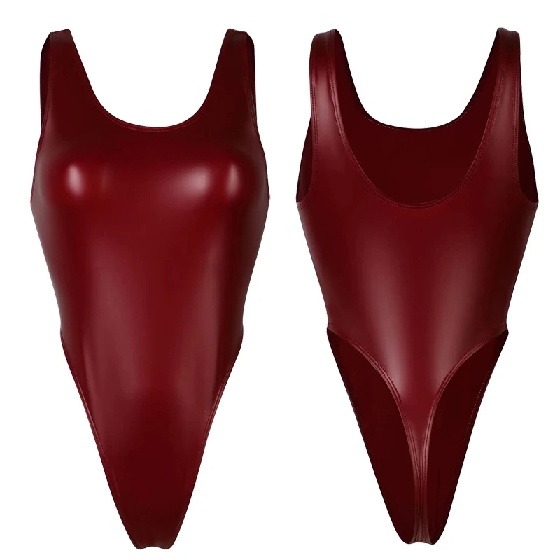 Sexy  gloss Thong swimsuit bodysuit plus size swimwear Shiny Oily High fork  PU Hot spring Japanese Tight swimsuit