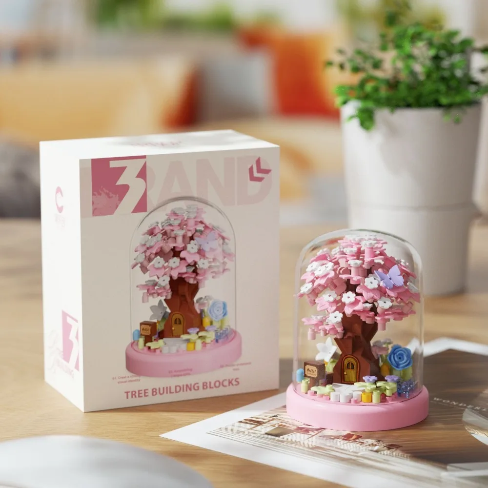 Sakura Blossom Tree House Building Set 305pcs Micro Particle Flower Pot Plant with Display Case DIY Xmas Home Decor Gift