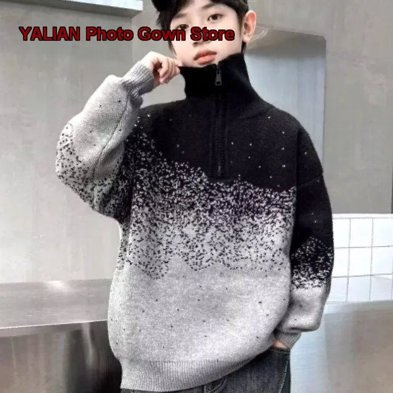 Boys Autumn Winter High Neck Knit Sweater Older Kids Trendy Black Shirt