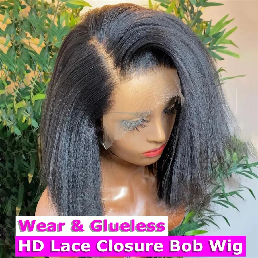 

Real HD Invisible Melt Skin Short Bob Wig Kinky Straight 13x6 Lace Front Human Hair Wigs HD Glueless Wigs Yaki Straight Bob Wig