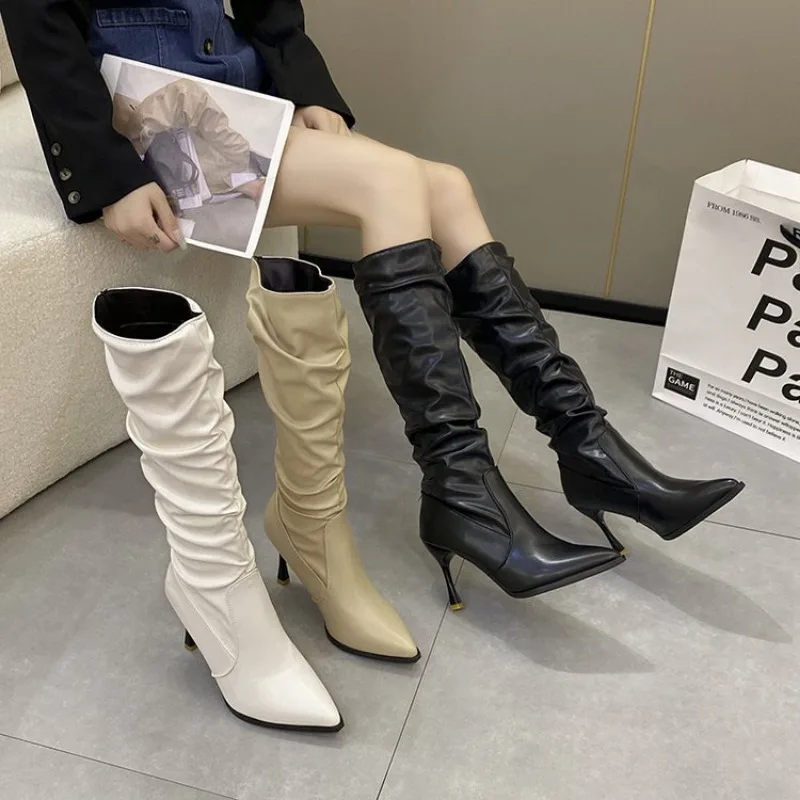 PU Leather Knee High Boots Women Shoes Heels Fashion Solid Sexy Thin High Heels Pointed Knight Boot Slip on Boots Female