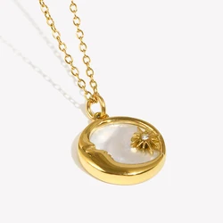 E.B.belle Natural Mother Of Pearl Casting Moon Star Circle Coin Necklace For Woman 18K Gold Plated Stainless Steel Jewelry