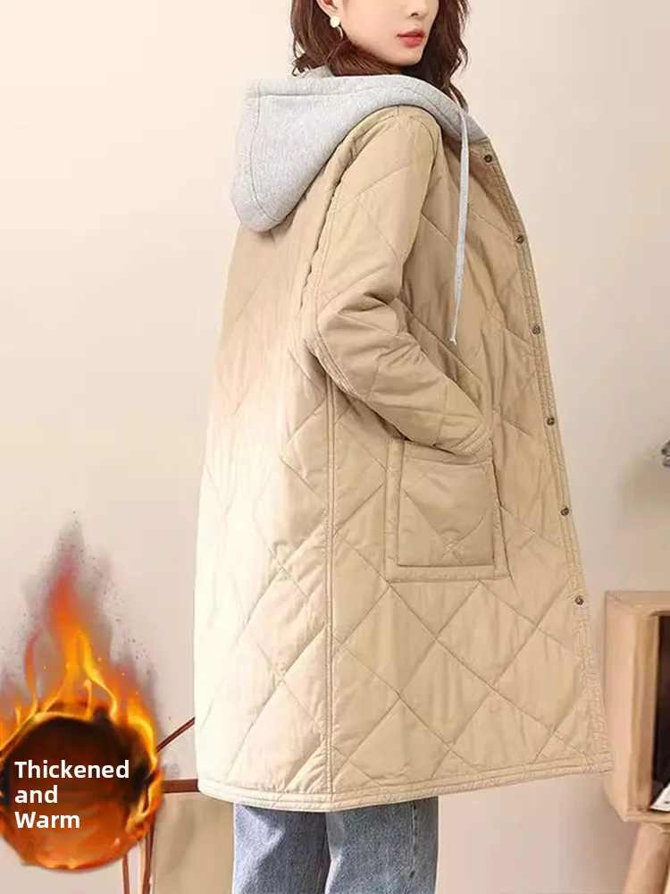 

Thiened Lightweight down Cotton Jaet Women Autumn Winter Loose Fit Warm Hooded Maojie Geometric Pattern Coat