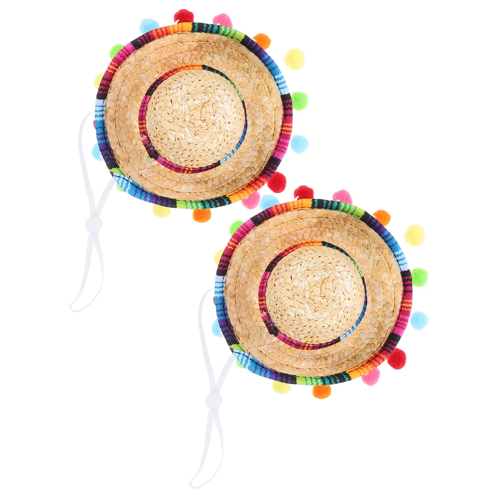 2Pcs Mexican Straw Hat Small Woven Sombrero Carnival Party Hats Adjustable Chin Strap Photo Props Mexican Holiday Themes