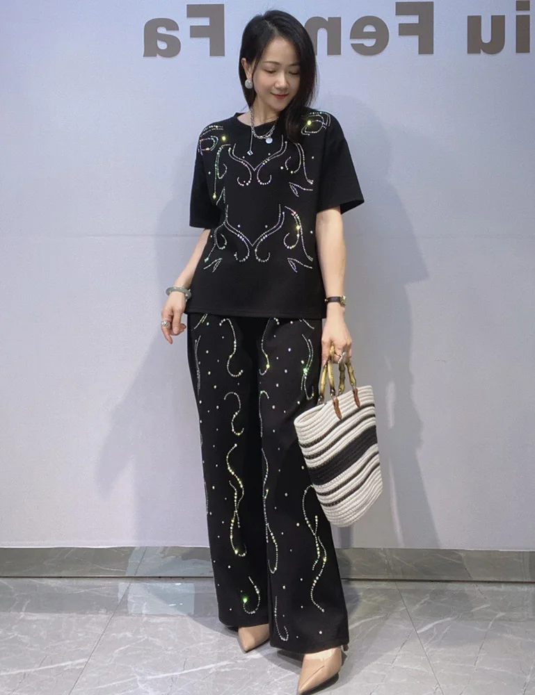 2026 Summer Oversized Wide Leg Pant Sets Woman Outfits Casual Sequins O Neck T Shirt Matching Sets Vestidos Femme Streetwear
